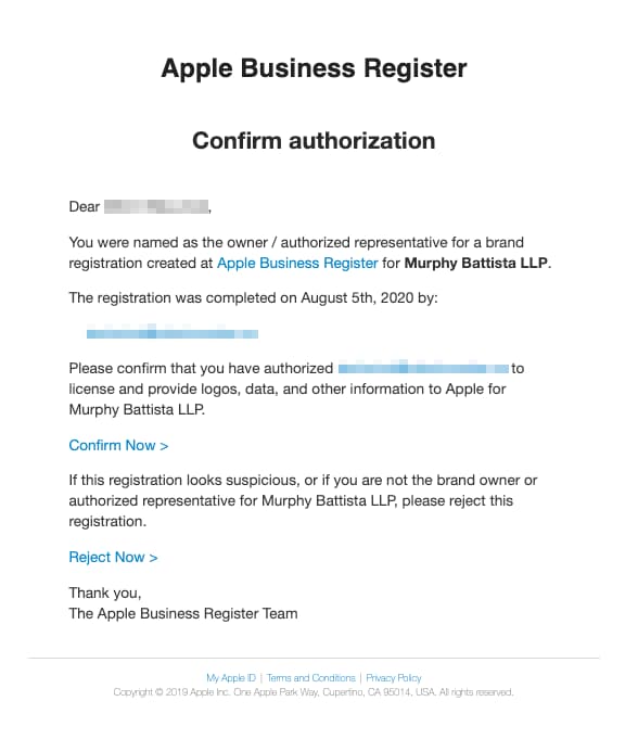 Screenshot of Apple Business Register