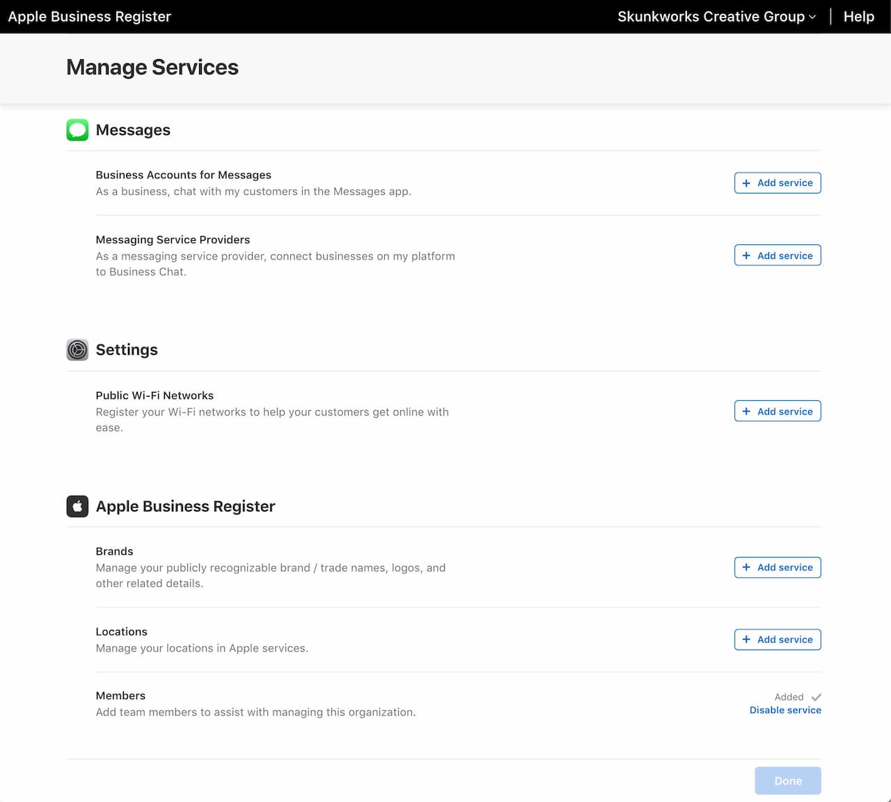 Screenshot of Apple Business Register